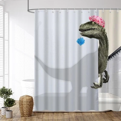 Divertido Juego de Cortinas de Ducha Dinosaurio para Baño, Blanco Divertido Niños Tela Animal... Foto 1 de 4