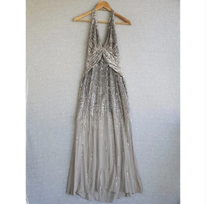 VTG Ruth Tarvydas Dress Sz Small Grey Silver Sequined Silk Halter Y2K Gown - Picture 1 of 16