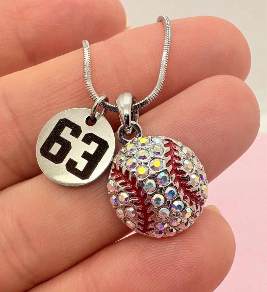 Crystal Baseball Necklace with Engraved Stainless Steel Number Charm - Image 1 of 2