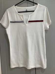 HILFIGER DENIM Large T-Shirt White Graphic V Neck Short Sleeve Vgc (M16/10) - Picture 1 of 6