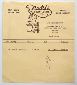 1970's Vintage HANK SNOW Receipt NUDIE'S RODEO TAILORS / Grand Ole Opry / NUDIE - Picture 1 of 1