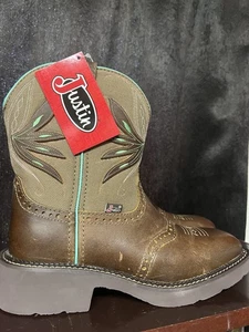 Justin Boots Tan Frenzy Buffalo Cowboy Boots Womens 7.5 B  Olive Green NEW - Picture 1 of 8