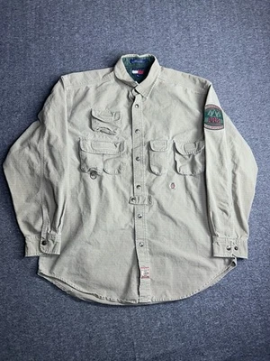 Camisa masculina manga longa vintage Tommy Hilfiger média utilitária Snap Ripstop lona anos 90 - Imagem 1 de 4