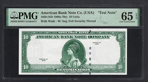 American Bank ABNC 10 Units 1929(ND1960s-70) Test Note Specimen UNC Grade 65 - Picture 1 of 2