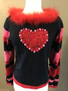 NWT Jack B Quick Sweater Valentine Pet Sm Black Red Marabou Collar Beads Stones