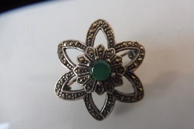 Spilla 835 Argento Con Giada E Marcasite Bella Vecchio Spilla - Immagine 1 di 4