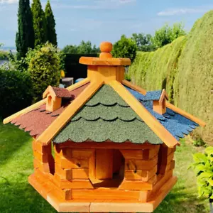 DARLUX Vogel Futter XL Futterstelle Sechseck Holz Vogelhaus Braun/ Rot Grün Blau - Bild 1 von 5