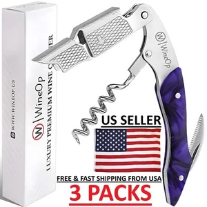 Professional Double Hinge Wine Bottle Opener Corkscrew Key 3 Purple Resin Handle - Picture 1 of 6