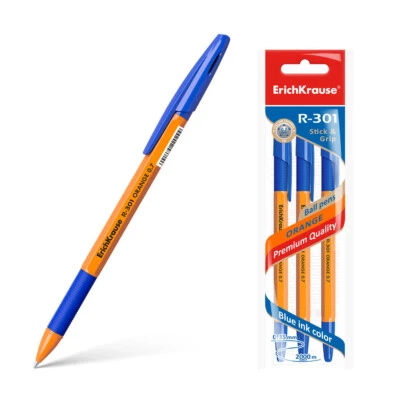 Kugelschreiber R-301 Orange Stick 0.7 Kunststoff Gummigriff Tinte Blau 3er Pack - Bild 1 von 4