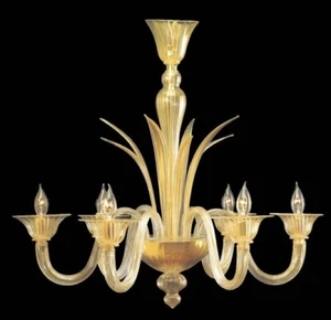 Chandelier Murano Glass Pure Gold Ceiling Pendant Lighting 6 Lights Suspension - Picture 1 of 10