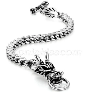 Men's Biker Stainless Steel Heavy Dragon Head Cuban Chain Bracelet Wrist Link - Picture 1 of 3