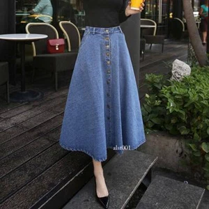 Women Denim Skirt Korean Style Mid Calf High Waist Buttons Closure Pockets Dress - Picture 1 of 24