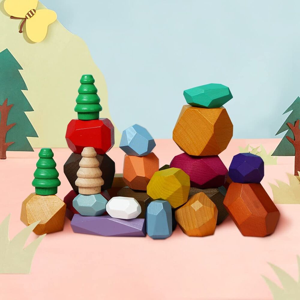 Makarci 32 Pcs Wooden Sorting Stacking Rocks Balancing Stones,Educational Presc