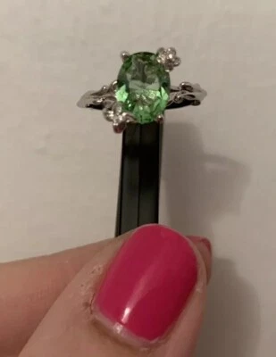 Silver Tone Green Topaz White Zircon Branch Floral Cocktail Band Ring 6 - Image 1 of 4