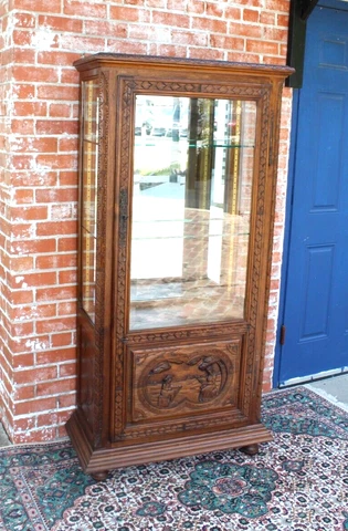 French Antique Oak Britany Display Cabinet Mirrored Back & Glass Shelves Cover