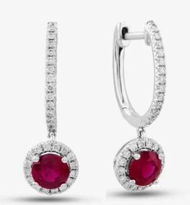 1.24ct Natural Round Diamond 14k BIS Hallmarked White Gold Ruby Dangler Earrings - Picture 1 of 4
