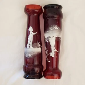 Art Glass Mary Gregory Vases Pair Victorian Enameled Red / Cranberry 9½"T Vtg - Picture 1 of 14