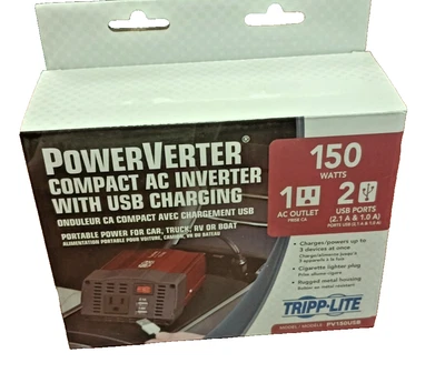 Power Verter Compact AC Inverter with USB Charging Tripp Lite 150 watts PV150USB - Image 1 of 4