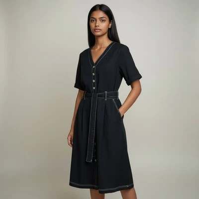 Princess Highway Linen Blend Midi Dress – Black – AU 10 – Work Casual Style - Image 1 of 4