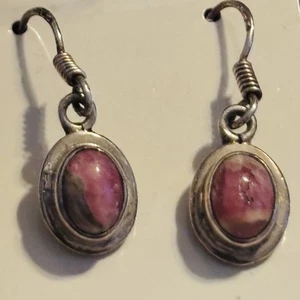 Oval Rhodochrosite Drop Earrings Set in Sterling Silver - Picture 1 of 5
