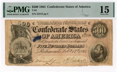 1864 Confederate States of America $500 Note, T-64, PMG 15 - Image 1 of 2