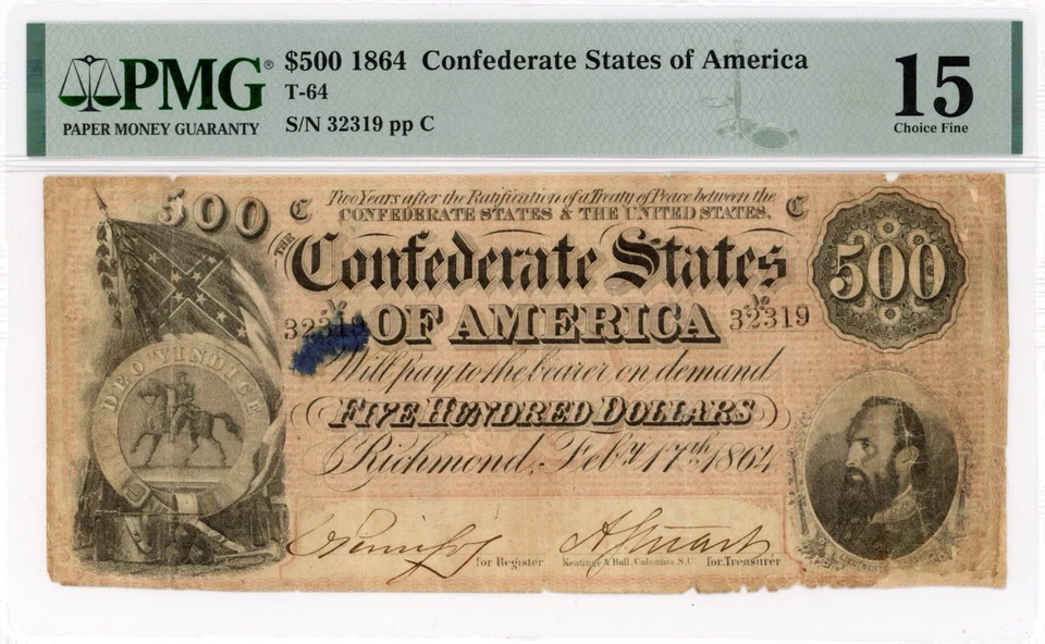 1864 Confederate States of America $500 Note, T-64, PMG 15 - Image 1 of 2