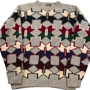 Kensington Sweater Mens XLarge Gray Red Hand Knit Wool Shetland Geometric Star - Picture 1 of 9