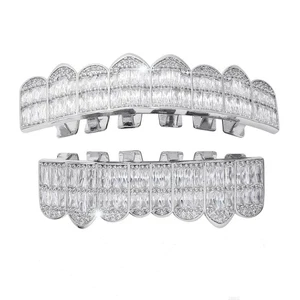 Griglie denti superiori o inferiori Grillz Baguette zirconi ghiacciati - Foto 1 di 9