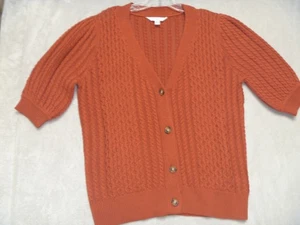 Time & Tru Cardigan Sweater Women Large 12-14 Burnt Orange Cable Knit 1/2 Sleeve - Picture 1 of 7