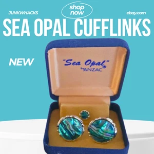 Vintage Sea Opal Cufflinks by Anzac Paul Shell Jewelry 1985 Handcrafted USA - Picture 1 of 2
