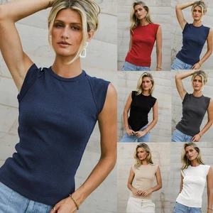 Womens Ladies Ribbed Top Sleeveless Cami Vest Shirts Summer Stretch Tunic Tank - Picture 1 of 15