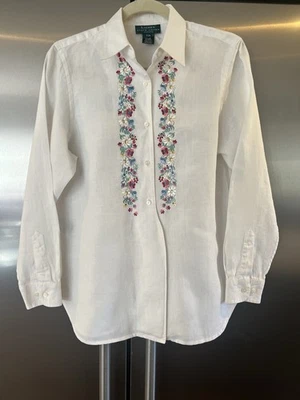 Lauren Ralph Lauren PM Petite White Linen Button Up Shirt w/ Floral Embroidery - Image 1 of 4