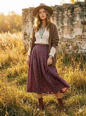 Falda MIDI Plisada Jones New York De Colección Talla 10 Magenta Paisley Rayón Boho Retro Años 90 Foto 1 de 4