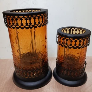 Amber Glass Tealight Candle Holder Set One Large One Small - Picture 1 of 3