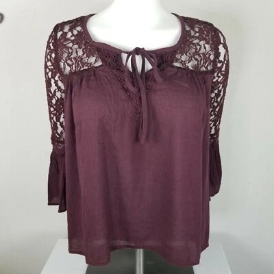 Mudd Deep Burgundy Lace Accent Tie Front Blouse - Image 1 of 4