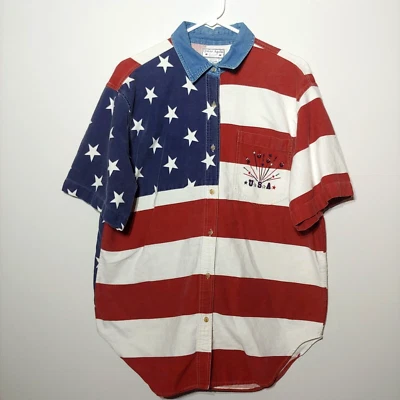 Camisa Quizz Again Vintage Mujer 2000 Bandera Americana Botón USA Millennium Talla XL Foto 1 de 4