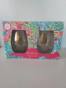 Flamingo New Lilly Pulitzer Stemless Wine Glasses Lover's Coral - Pair 16 oz - Picture 1 of 5