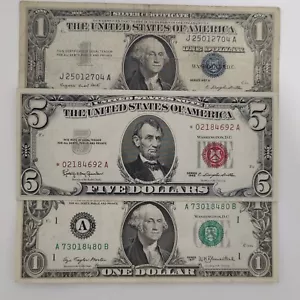 1963 red seal five dollar star note 1957 silver seal one dollar bill 1977 $1 - Picture 1 of 10