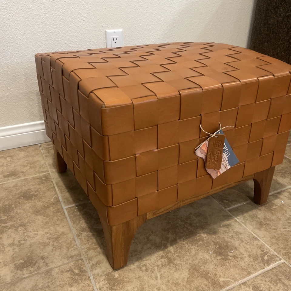 Canyon Oasis World Traveler Genuine Leather & Teak Wood Stool Chair Foot Rest - Image 1 of 4