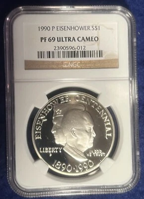 1990-P Eisenhower $1 NGC PF 69 Ultra Cameo Modern Commemorative Silver Dollar - Image 1 of 2