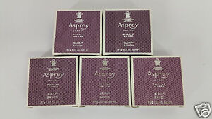 5 Asprey London Purple Water Round White Guest Travel Soap Bars 30g 1.05 oz ea. 