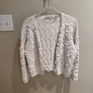 Michael Simon Crochet Cardigan Open Knit Floral Embellished Sweater Size S - Picture 1 of 6