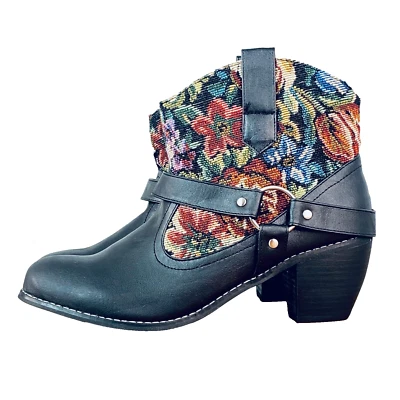 Floral harness boots, RESTRICTED tapestry black leather red boho western 10 - Image 1 of 4