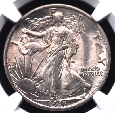 1917 WALKING LIBERTY MEIO DÓLAR NGC MS 63 LIGEIRAMENTE FOSCO COMO CETIM PRATA - Imagem 1 de 4