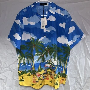 Rare SSLR Mens Large Hawaiian Shirt Christmas Santa Beach Blue Short Sleeve - Picture 1 of 4