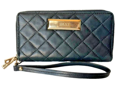 DKNY Quilted Leather Black Double Zip Around Wallet, Wristlet, 8in x 4in - Image 1 of 4