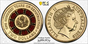 2019-C Australian $2 Dollar 100 Years of Repatriation PCGS MS67 Gold Shield Slab - Bild 1 von 8