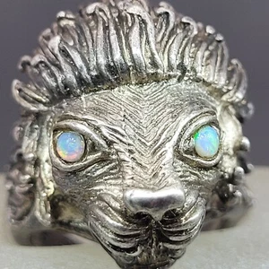 Vintage Outrageous Ring Lion Head Opal Eyes Sterling silver size 9 - Picture 1 of 24
