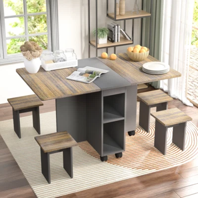 5 Pieces Folding Extendable Wood Dining Table Set with 4 Chairs Storage 6 Wheels - Image 1 of 4