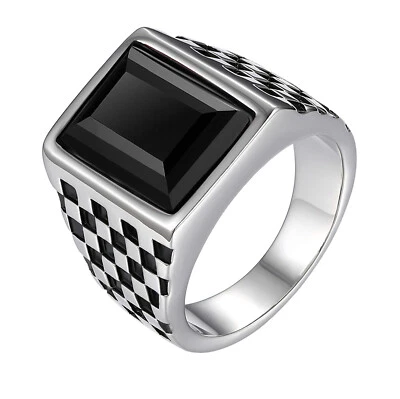 Anel masculino vintage de aço inoxidável quadrado pedra sinete declaração banda tamanho 7-12 - Imagem 1 de 4
